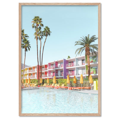 Palm Springs | Saguaro Hotel V, Poster, Stretched Canvas, or Framed Wall Art Print, shown in a natural timber frame