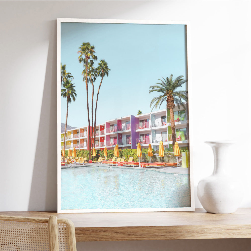 Palm Springs | Saguaro Hotel V, Poster, Stretched Canvas or Framed Wall Art Prints, shown framed in a room