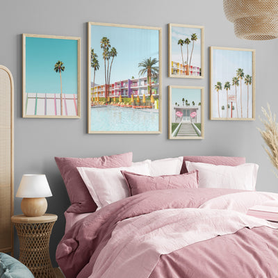 Palm Springs | Saguaro Hotel V, Poster, Stretched Canvas or Framed Wall Art, shown framed in a home interior space