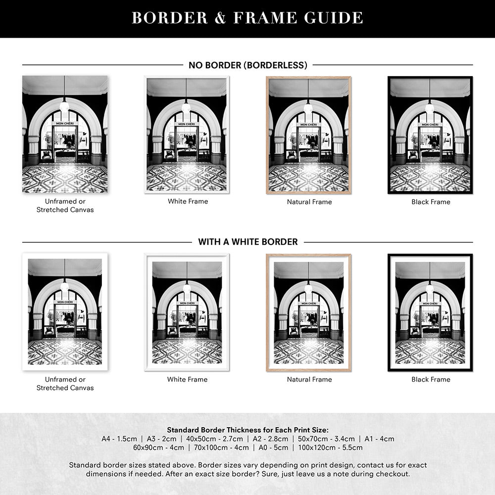 Designer Store Front Arch - Art Print, Poster, Stretched Canvas or Framed Wall Art, Showing White , Black, Natural Frame Colours, No Frame (Unframed) or Stretched Canvas, and With or Without White Borders