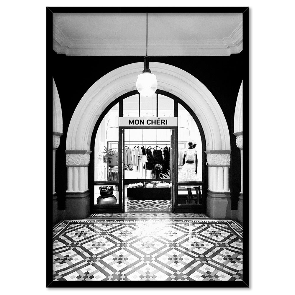 Designer Store Front Arch - Art Print, Poster, Stretched Canvas, or Framed Wall Art Print, shown in a black frame