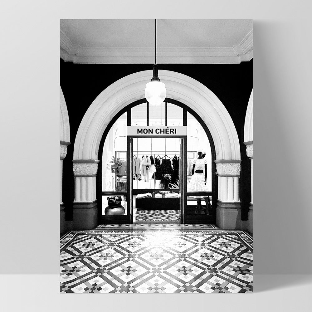 Designer Store Front Arch - Art Print, Poster, Stretched Canvas, or Framed Wall Art Print, shown as a stretched canvas or poster without a frame