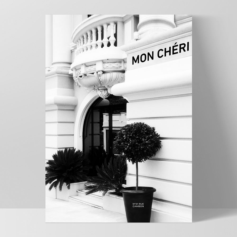 Designer Store Front Monaco Portrait - Art Print, Poster, Stretched Canvas, or Framed Wall Art Print, shown as a stretched canvas or poster without a frame