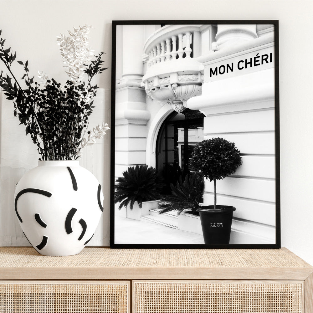 Designer Store Front Monaco Portrait - Art Print, Poster, Stretched Canvas or Framed Wall Art Prints, shown framed in a room