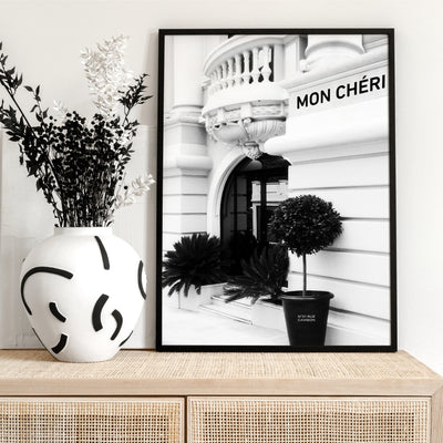 Designer Store Front Monaco Portrait - Art Print, Poster, Stretched Canvas or Framed Wall Art Prints, shown framed in a room