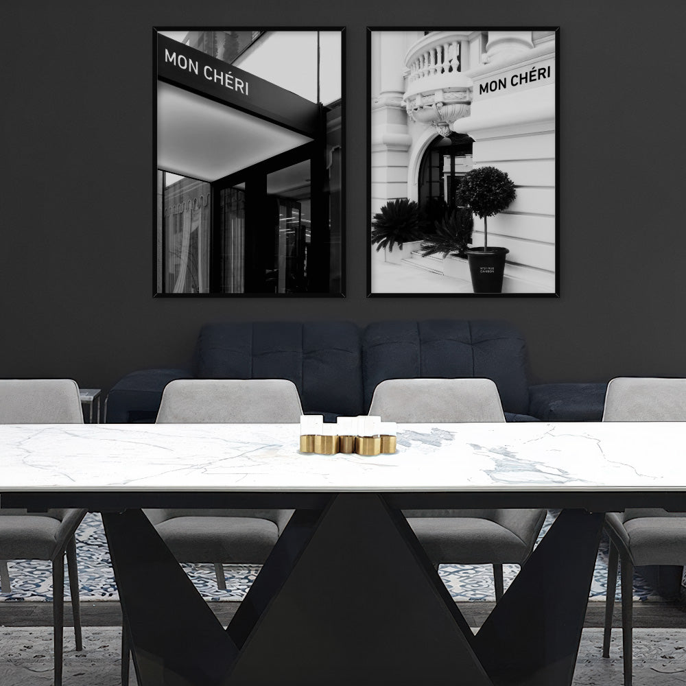 Designer Store Front Monaco Portrait - Art Print, Poster, Stretched Canvas or Framed Wall Art, shown framed in a home interior space