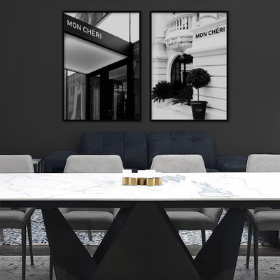 Designer Store Front Monaco Portrait - Art Print, Poster, Stretched Canvas or Framed Wall Art, shown framed in a home interior space