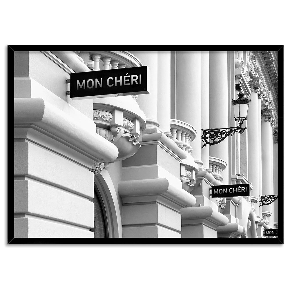 Designer Store Front Monaco Landscape - Art Print, Poster, Stretched Canvas, or Framed Wall Art Print, shown in a black frame