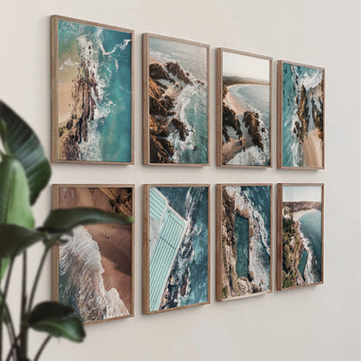 Byron Bay Beach Aerial - Art Print by Beau Micheli, Poster, Stretched Canvas or Framed Wall Art, shown framed in a home interior space