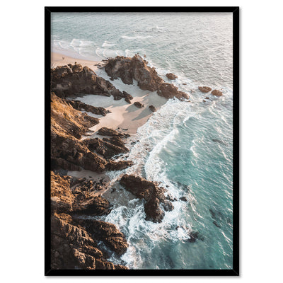 The Pass Byron Bay Aerial - Art Print by Beau Micheli, Poster, Stretched Canvas, or Framed Wall Art Print, shown in a black frame