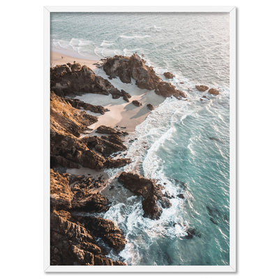 The Pass Byron Bay Aerial - Art Print by Beau Micheli, Poster, Stretched Canvas, or Framed Wall Art Print, shown in a white frame