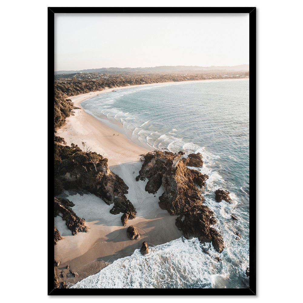 The Pass Byron Bay Aerial II - Art Print by Beau Micheli, Poster, Stretched Canvas, or Framed Wall Art Print, shown in a black frame