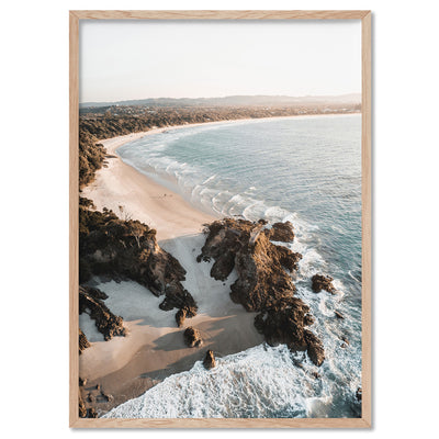 The Pass Byron Bay Aerial II - Art Print by Beau Micheli, Poster, Stretched Canvas, or Framed Wall Art Print, shown in a natural timber frame