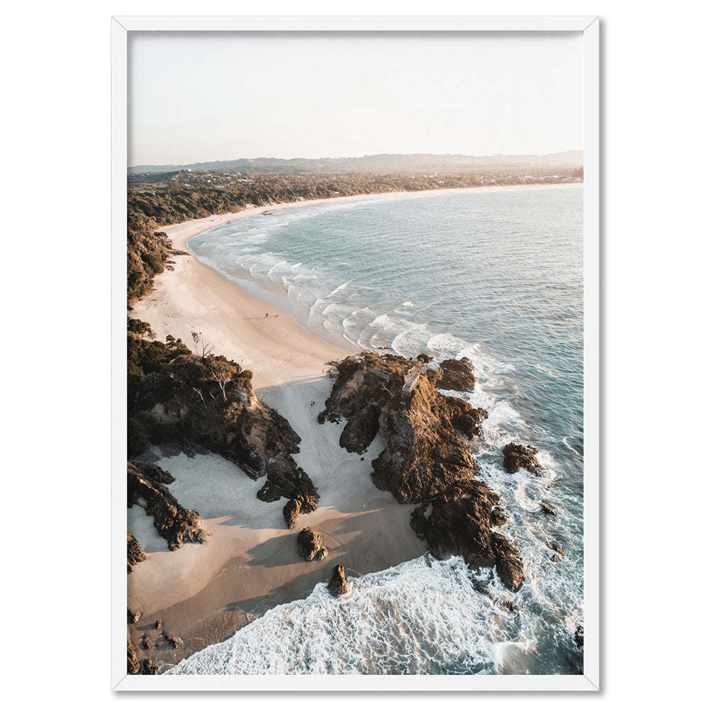 The Pass Byron Bay Aerial II - Art Print by Beau Micheli, Poster, Stretched Canvas, or Framed Wall Art Print, shown in a white frame