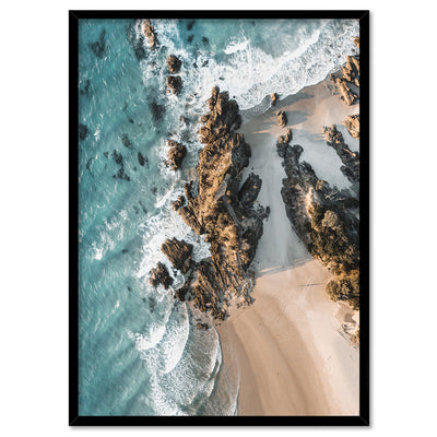 The Pass Byron Bay Aerial III - Art Print by Beau Micheli, Poster, Stretched Canvas, or Framed Wall Art Print, shown in a black frame