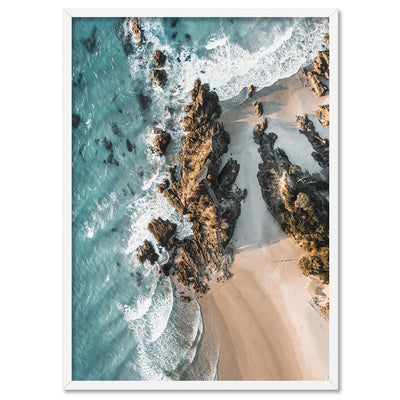 The Pass Byron Bay Aerial III - Art Print by Beau Micheli, Poster, Stretched Canvas, or Framed Wall Art Print, shown in a white frame