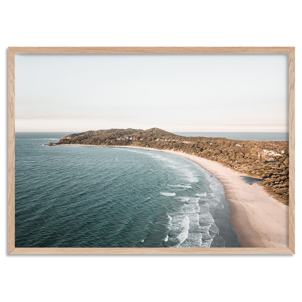 The Pass Byron Bay Aerial IV - Art Print by Beau Micheli, Poster, Stretched Canvas, or Framed Wall Art Print, shown in a natural timber frame