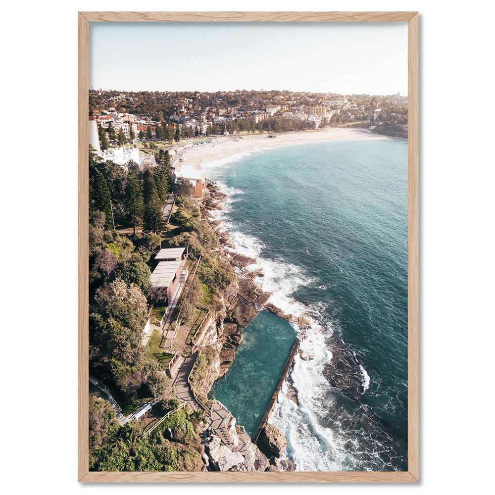 Coogee Rock Pool Aerial - Art Print by Beau Micheli, Poster, Stretched Canvas, or Framed Wall Art Print, shown in a natural timber frame