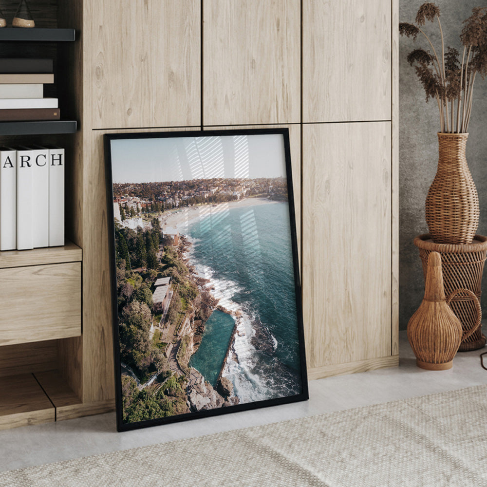 Coogee Rock Pool Aerial - Art Print by Beau Micheli, Poster, Stretched Canvas or Framed Wall Art Prints, shown framed in a room