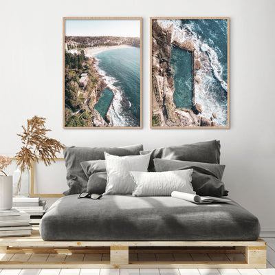 Coogee Rock Pool Aerial - Art Print by Beau Micheli, Poster, Stretched Canvas or Framed Wall Art, shown framed in a home interior space