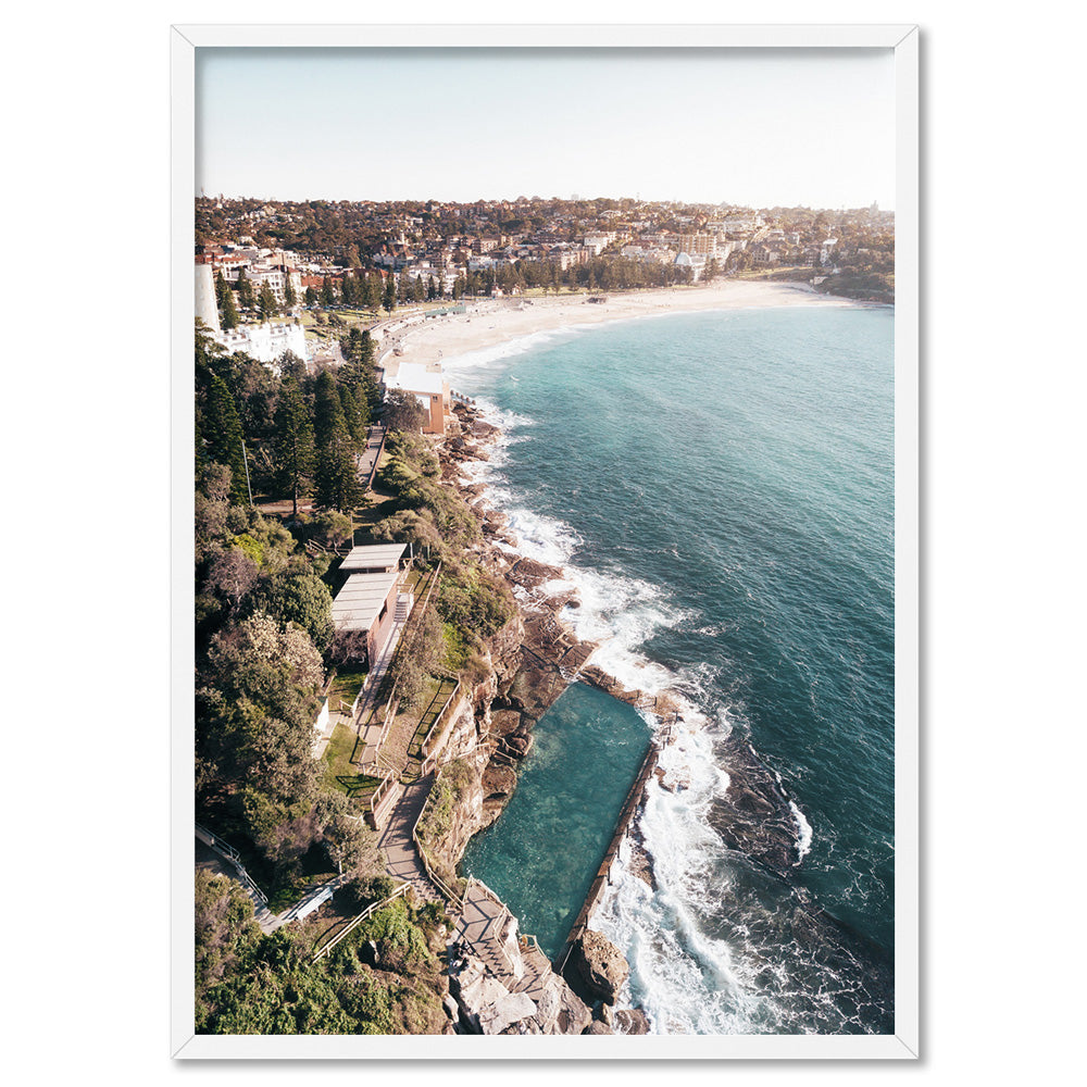 Coogee Rock Pool Aerial - Art Print by Beau Micheli, Poster, Stretched Canvas, or Framed Wall Art Print, shown in a white frame