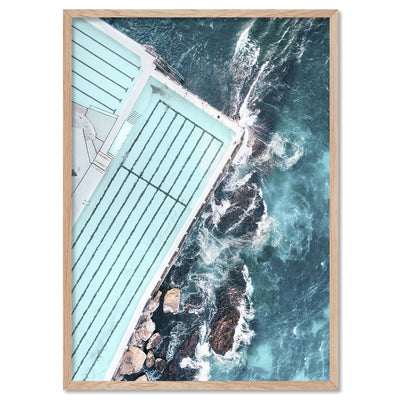 Bondi Icebergs Pool Aerial - Art Print by Beau Micheli, Poster, Stretched Canvas, or Framed Wall Art Print, shown in a natural timber frame