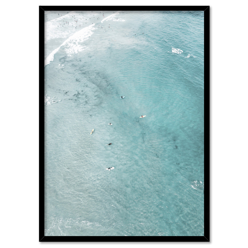 Phillip Island Surfers Aerial - Art Print by Beau Micheli, Poster, Stretched Canvas, or Framed Wall Art Print, shown in a black frame