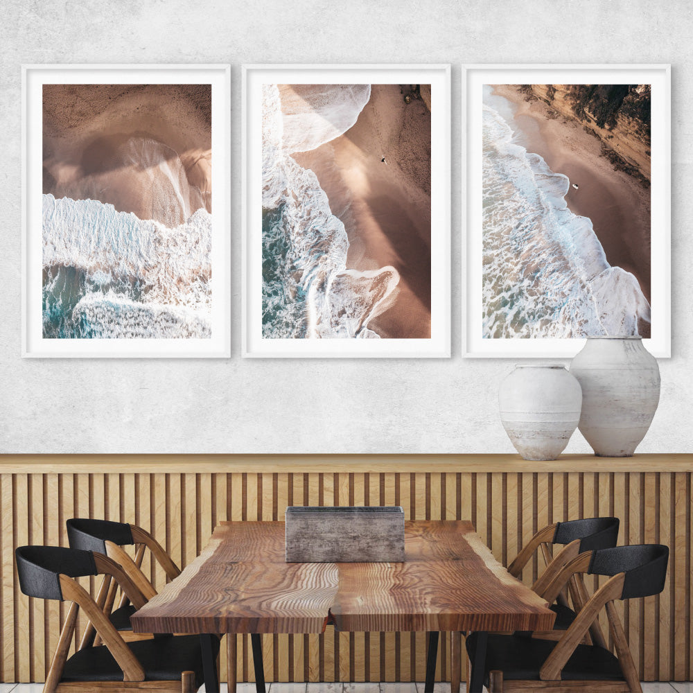 Jan Juc Beach VIC Aerial III - Art Print by Beau Micheli, Poster, Stretched Canvas or Framed Wall Art, shown framed in a home interior space