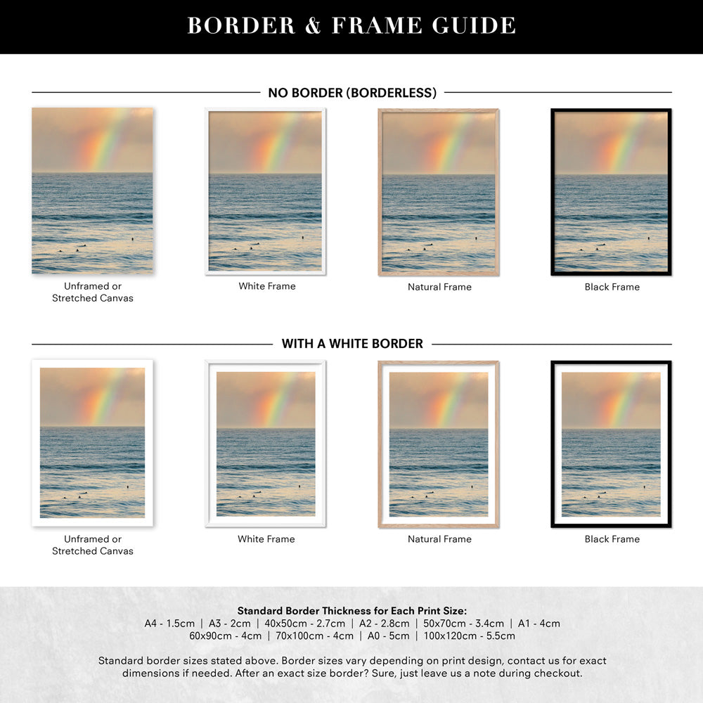 Sunrise and Rainbow Surf - Art Print by Beau Micheli, Poster, Stretched Canvas or Framed Wall Art, Showing White , Black, Natural Frame Colours, No Frame (Unframed) or Stretched Canvas, and With or Without White Borders