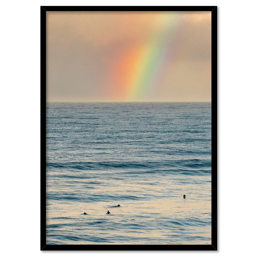 Sunrise and Rainbow Surf - Art Print by Beau Micheli, Poster, Stretched Canvas, or Framed Wall Art Print, shown in a black frame