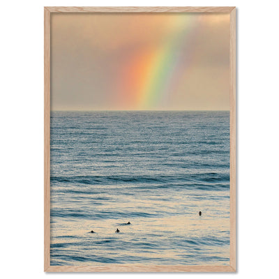 Sunrise and Rainbow Surf - Art Print by Beau Micheli, Poster, Stretched Canvas, or Framed Wall Art Print, shown in a natural timber frame