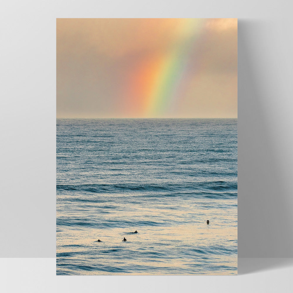Sunrise and Rainbow Surf - Art Print by Beau Micheli, Poster, Stretched Canvas, or Framed Wall Art Print, shown as a stretched canvas or poster without a frame