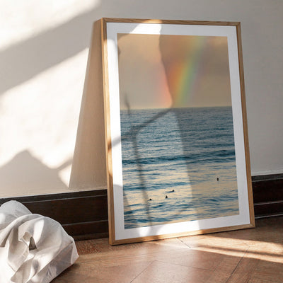 Sunrise and Rainbow Surf - Art Print by Beau Micheli, Poster, Stretched Canvas or Framed Wall Art Prints, shown framed in a room
