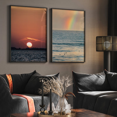 Sunrise and Rainbow Surf - Art Print by Beau Micheli, Poster, Stretched Canvas or Framed Wall Art, shown framed in a home interior space