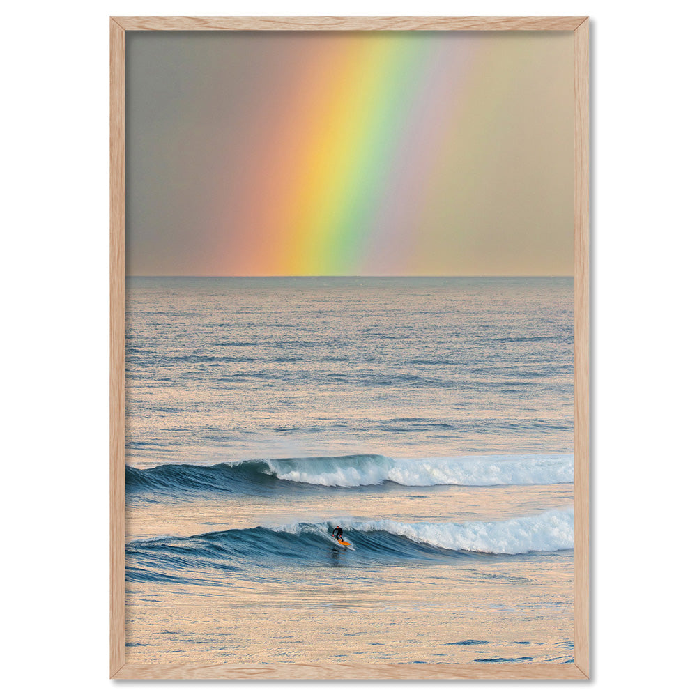 Sunrise and Rainbow Surf II - Art Print by Beau Micheli, Poster, Stretched Canvas, or Framed Wall Art Print, shown in a natural timber frame