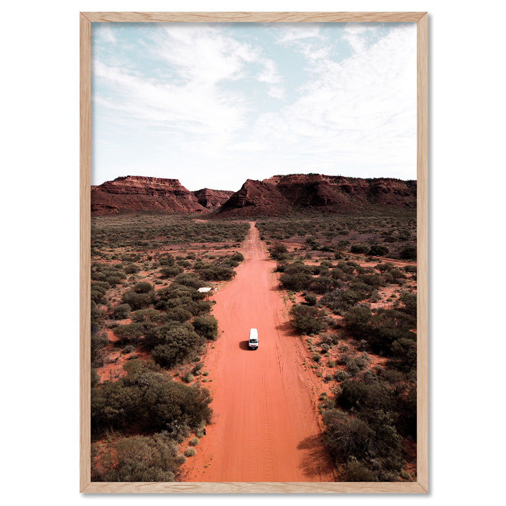 Red Earth Road Kennedy Range - Art Print by Beau Micheli, Poster, Stretched Canvas, or Framed Wall Art Print, shown in a natural timber frame