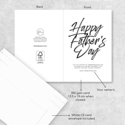 Custom Personalised Father's Day Card, detail view showing customisation options, backside, and measurements