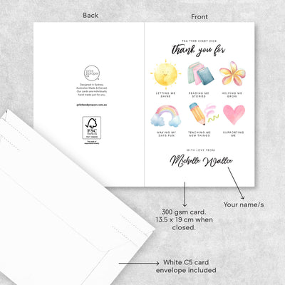 Custom Personalised Childcare Teachers Card, detail view showing customisation options, backside, and measurements