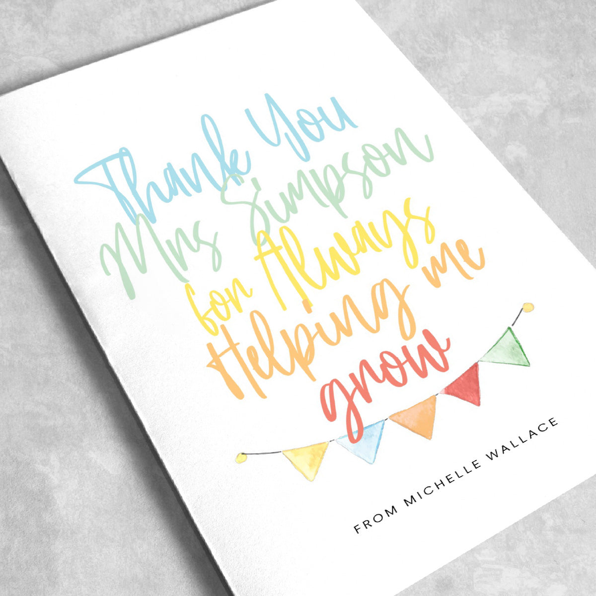 Custom Personalised Teachers Thank You Card close up view on an angle