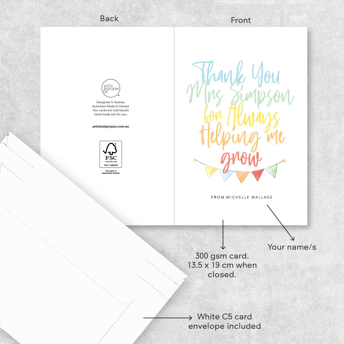 Custom Personalised Teachers Thank You Card, detail view showing customisation options, backside, and measurements