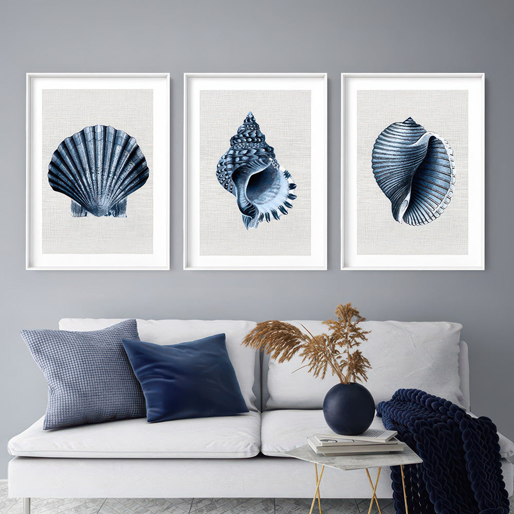 Scallop Shell Poster Shell Print Sea Scallop Navy. Vintage Linen Texture Poster – Print and ...