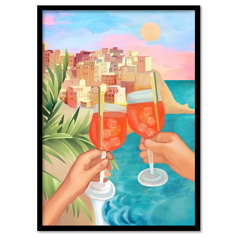 Aperol Sunset - Art Print by CityArt, Poster, Stretched Canvas, or Framed Wall Art Print, shown in a black frame