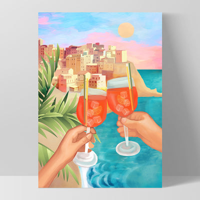 Aperol Sunset - Art Print by CityArt, Poster, Stretched Canvas, or Framed Wall Art Print, shown as a stretched canvas or poster without a frame