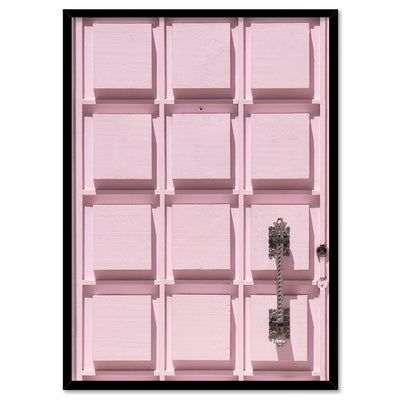 Palm Springs | Pink Door Up Close, Poster, Stretched Canvas, or Framed Wall Art Print, shown in a black frame