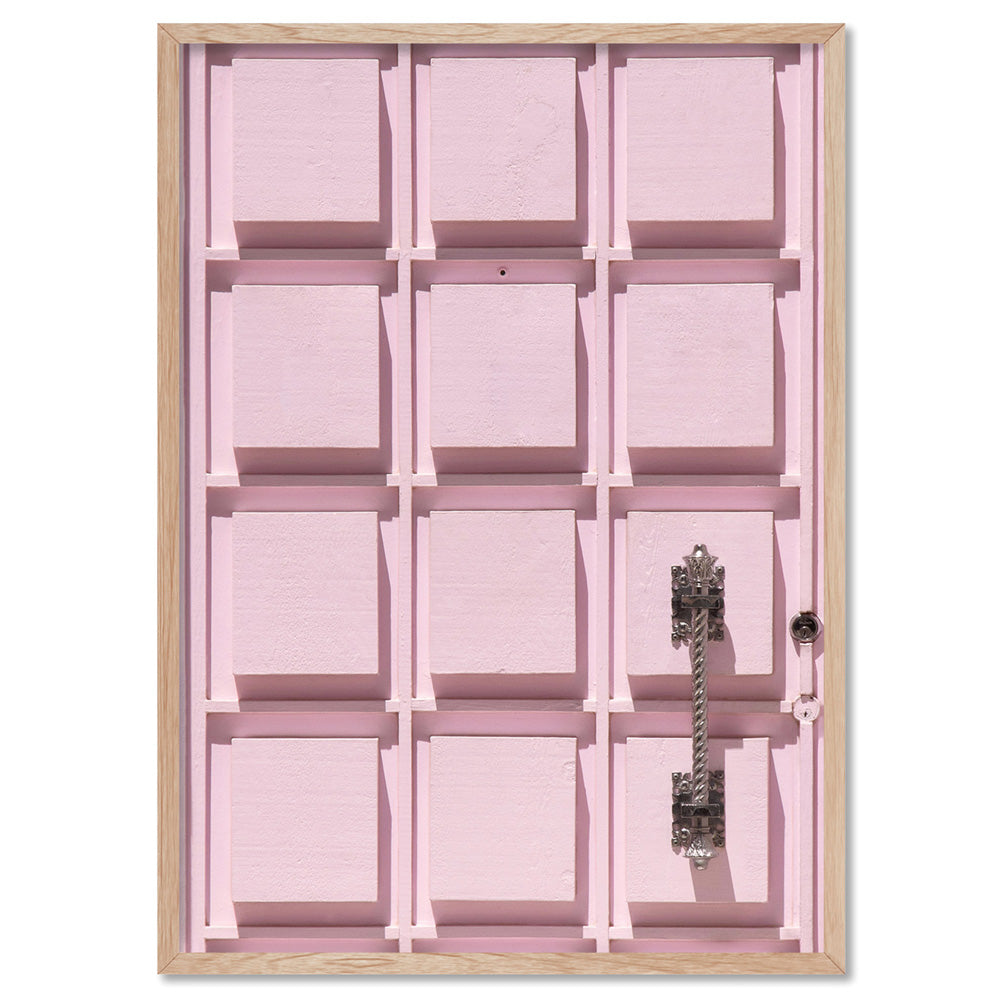 Palm Springs | Pink Door Up Close, Poster, Stretched Canvas, or Framed Wall Art Print, shown in a natural timber frame