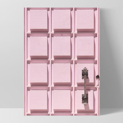 Palm Springs | Pink Door Up Close, Poster, Stretched Canvas, or Framed Wall Art Print, shown as a stretched canvas or poster without a frame