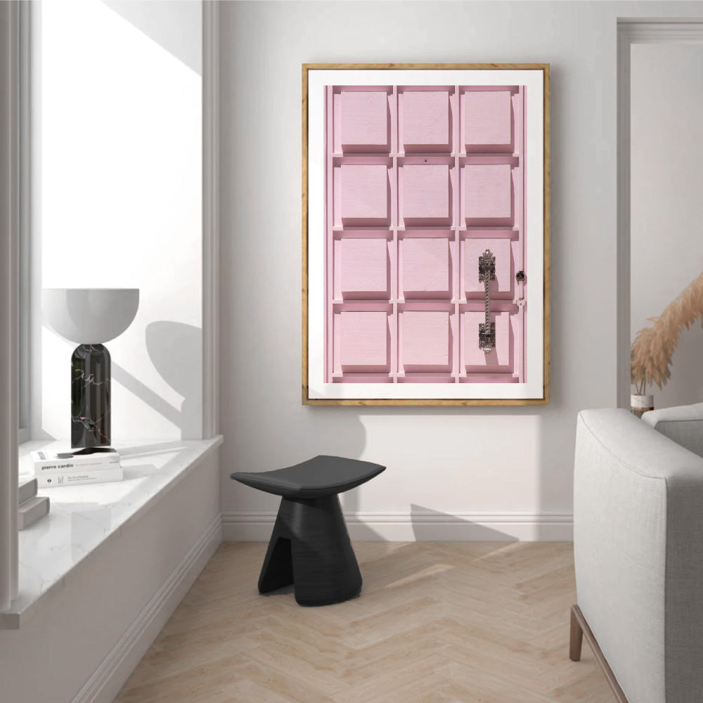 Palm Springs | Pink Door Up Close, Poster, Stretched Canvas or Framed Wall Art Prints, shown framed in a room