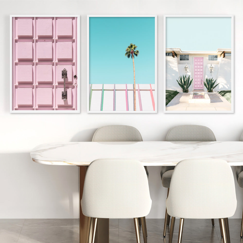 Palm Springs | Pink Door Up Close, Poster, Stretched Canvas or Framed Wall Art, shown framed in a home interior space