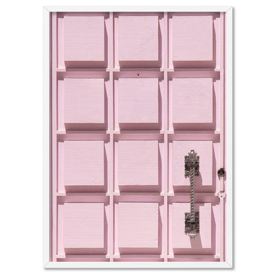 Palm Springs | Pink Door Up Close, Poster, Stretched Canvas, or Framed Wall Art Print, shown in a white frame