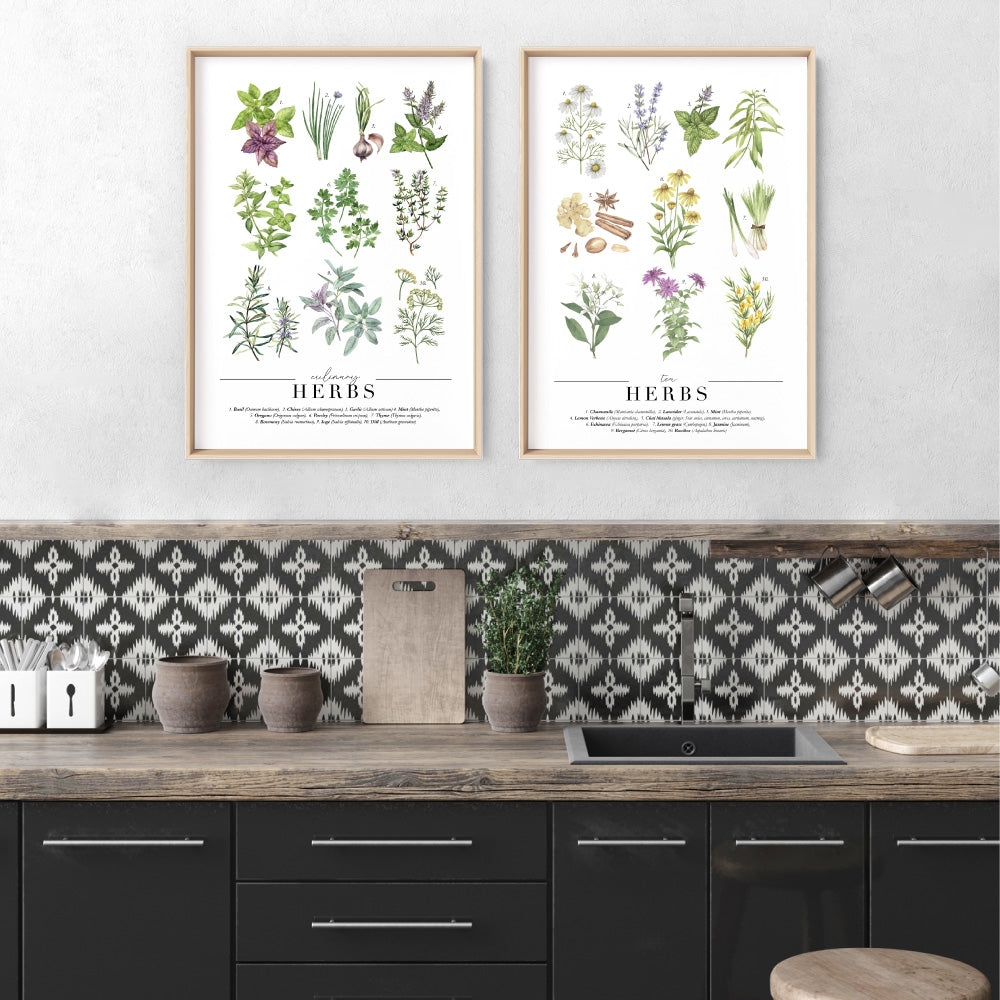 Culinary Herbs Chart - Art Print, Poster, Stretched Canvas or Framed Wall Art, shown framed in a home interior space